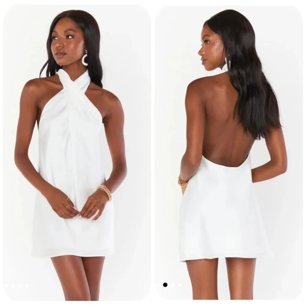 NWOT SHOW ME Your MuMu Jasmine Halter Mini Dress in Ivory Luxe Satin Sz XL - Picture 3 of 11